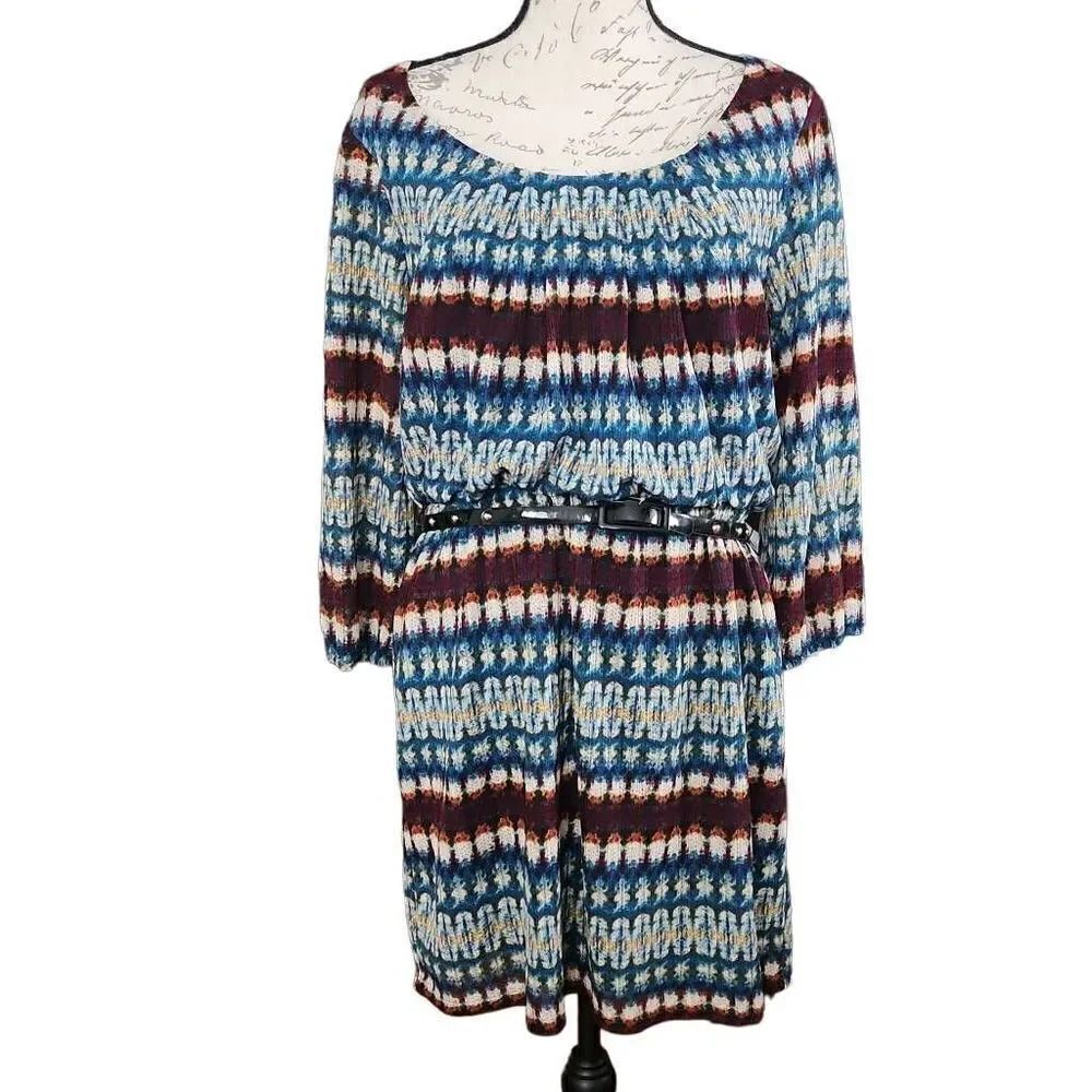 City Triangles Women's Size XL Blue Multicolor 3/4 Sleeve Belted Blouson Dress